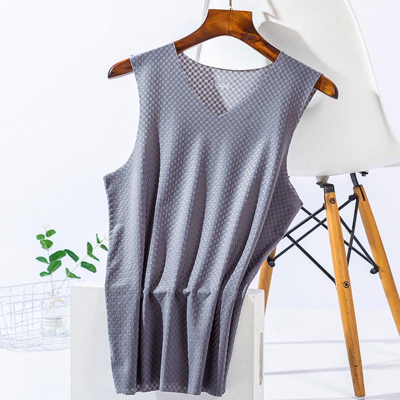 Men's Plaid Ice Silk Sleeveless Quick-Dry Tank Top - Breathable, Seamless Sports Fitness Undershirt for Summer.