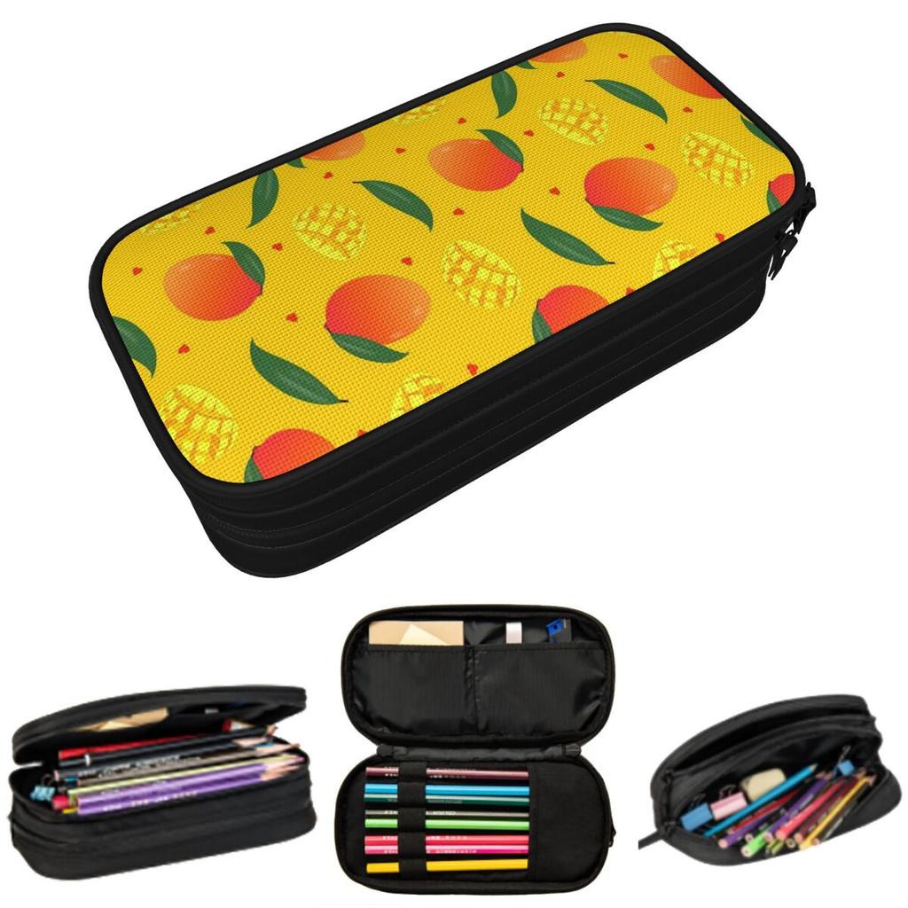 Mango And Green Leaves Pattern Pencil Case for Studen School Pen Box Pencil Bag Stationery Supplies Pen Holder Bag