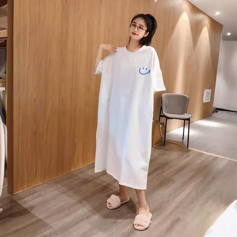 Damen Sommer Smiley Gesicht Nachthemd - Lockere Passform, Übergröße, Kurzarm, Überknie-Länge, Perfekt für Schwangere