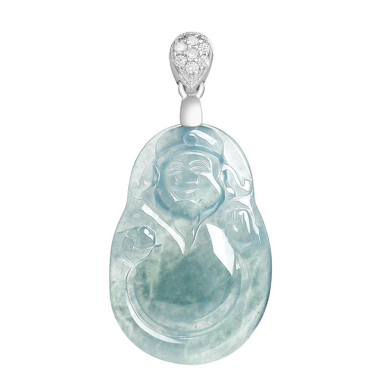 Natural A-Grade Jade Blue Water God of Wealth Ice Jade Pendant with S925 Silver Inlay - Fashionable Women s Accessory S925 Silver Inlaid (with Titanium Steel Chain)