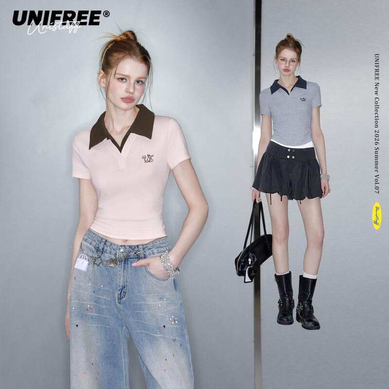 UNIFREE Women s Chic Slim Fit Color Block Lapel T-Shirt M