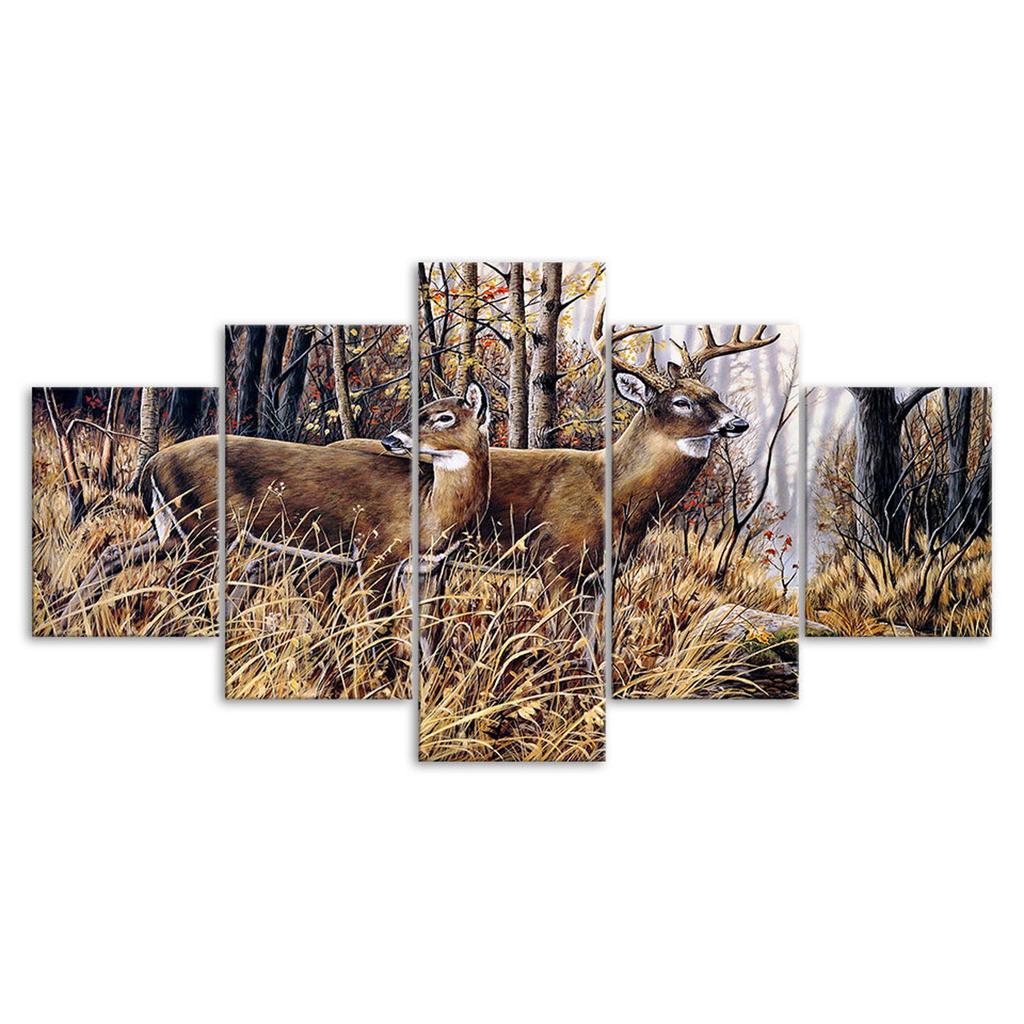 Waldtiere Hirsche Malerei 5 Teile Fünfteiliges Wandleinwandbild Modernes Kunstposter Bild Heimdekoration Geschenk für Ihn für Sie