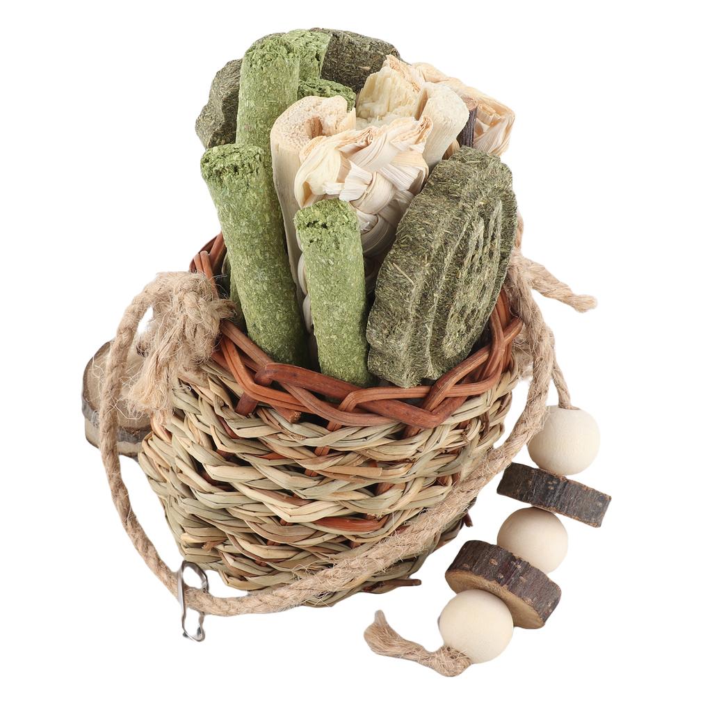 Hamster Chew Toys Hanging Straw Basket Bunny Chew Toys Seagrass Wood Sticks Chew Toys for Small
