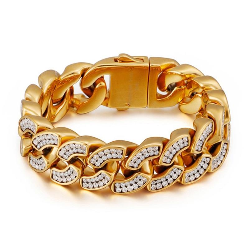 Heavy Punk Gold Color Curb Cuban Chain Bracelet CZ Zircon Men Women Hiphop Black Stainless Steel Bike Biker Bangle Jewelry