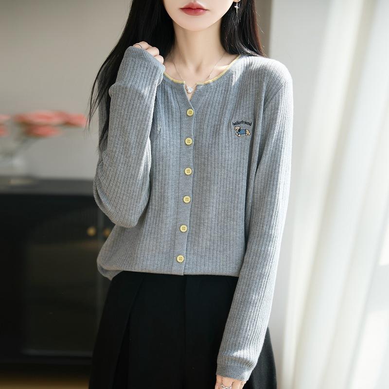Color-matched Knitted Cardigan Women's Short Coat Sweater Spring-autumn New Style Embroidered Blouse Top