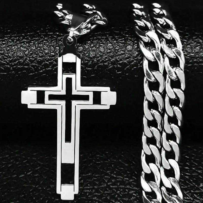 Hip Hop Cross Stainless Steel Chain Necklace, Gold Long Pendant Necklace, Unisex