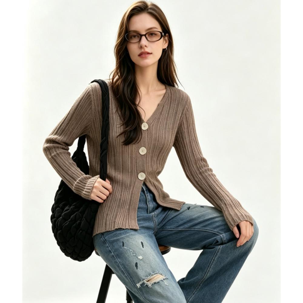 Women French V‑Neck Knit Cardigan Early Autumn Slim Fit Split Hem Long Sleeve Knitwear Fashion Versatile Ladies Casual Tops