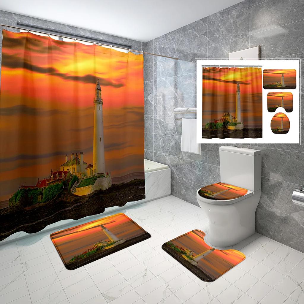 4 Sets Lighthouse Shower Curtain Sets With Non-Slip Bath Mat,Toilet Lid Cover And Coast Seascape Sunrise Shower Curtain Sets
