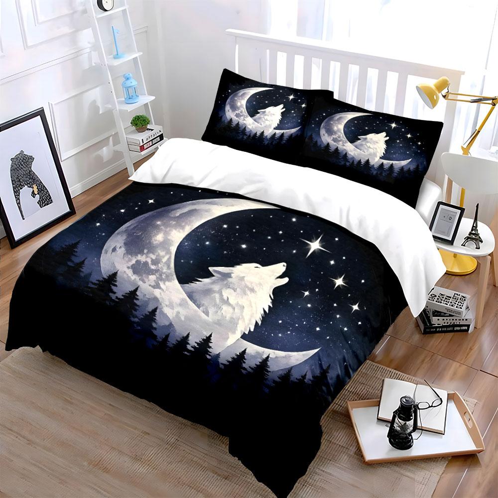 Wolf, Moon, Stars, Trees. Print Bedding Set 1 Duvet Cover 2 Pillowcases for Adult and Children Luxury Gift Full Size