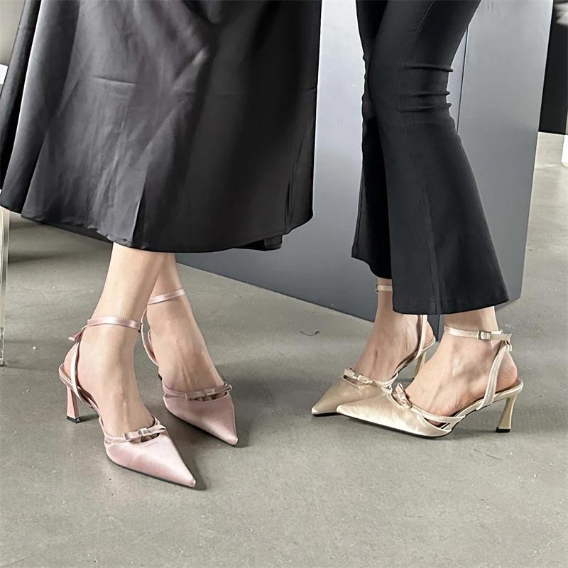 2025 New Design Ankle Buckle Strap Women Pumps Sandals Thin Heels Pointed Toe Shallow Slingback Mules Tacones Mujer