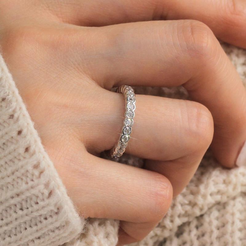 Huitan Women Eternity Promise Rings with Round Cubic Zirconia Luxury Low-key Wedding Band Accessories Timeless Classic Jewelry