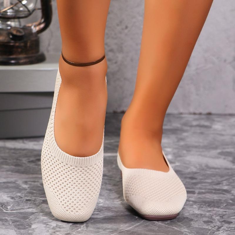 New solid color round head fly-woven flat-soled single shoes women's casual breathable hollow knitted lazy work shoes ebay