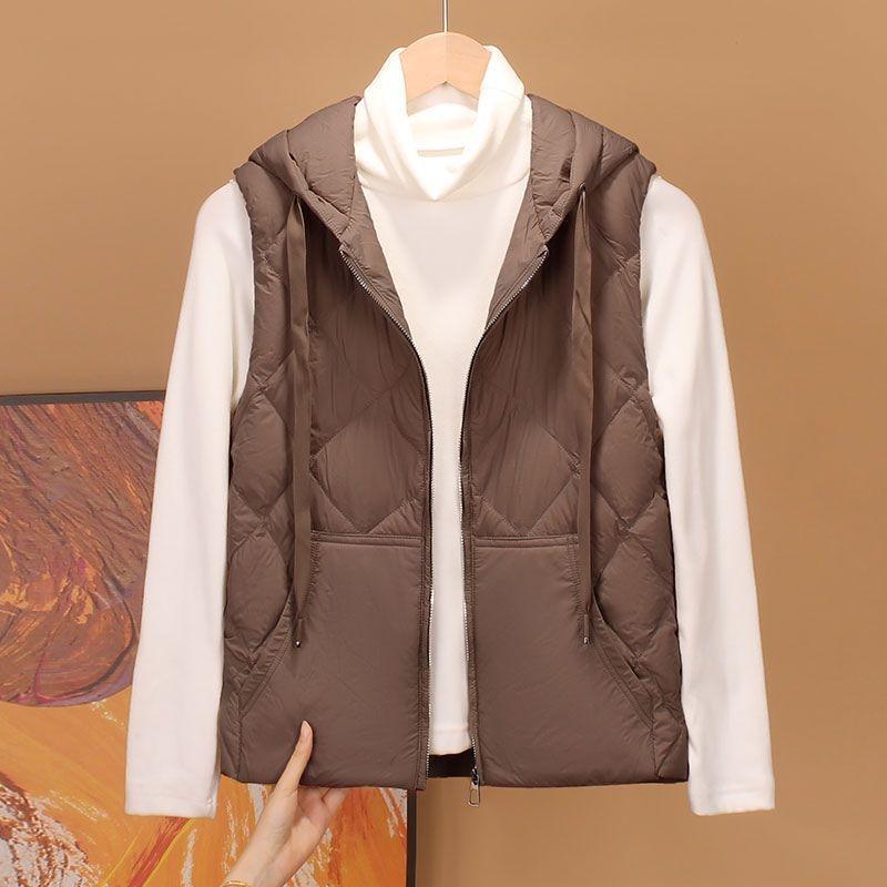 

Новый пуховый жилет женский жилет ромбовидный модный короткий с капюшоном свободный жилет-подкладка XL темный кофе