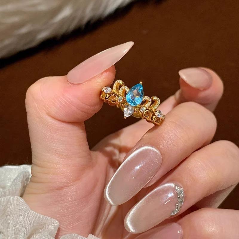 Retro Blue Tear Crown Water Drop Ring - Vintage Chinese-Style Adjustable Women's Index Ring