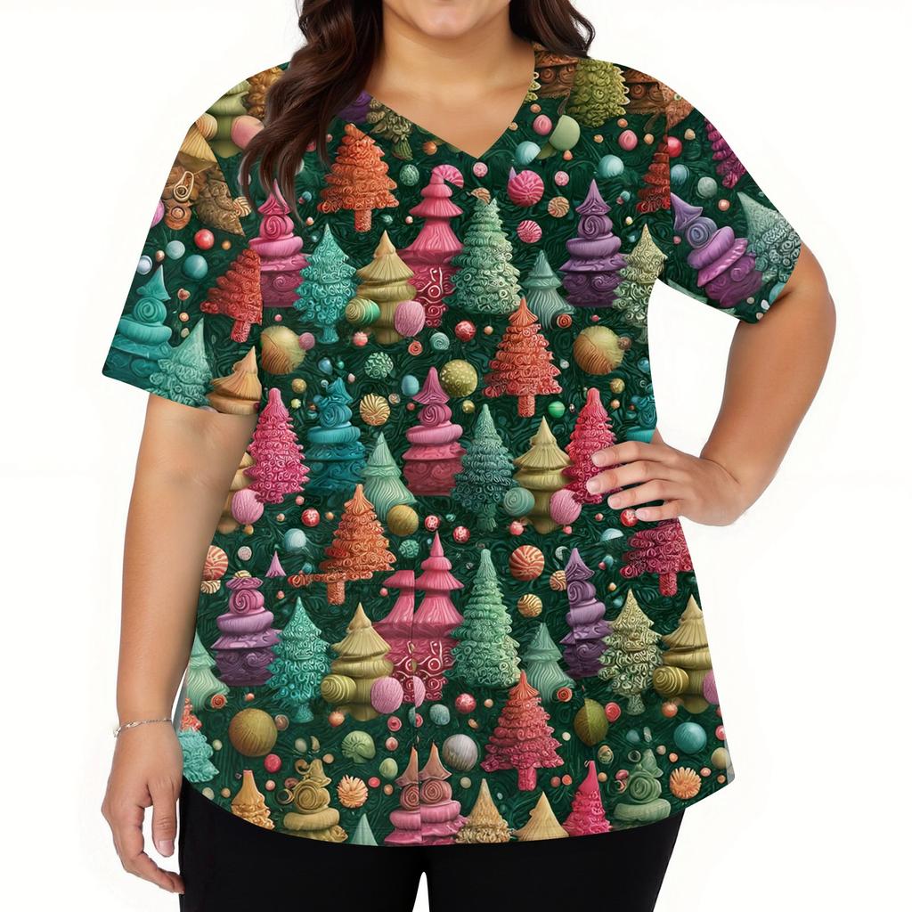 Dámské módní pracovní oděvy s krátkým rukávem a výstřihem do V s kapsami Vánoční topy s potiskem