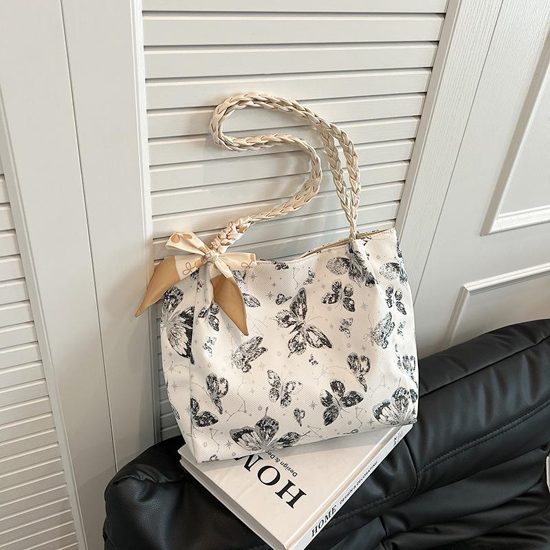 Chic Butterfly Print Faux Leather Tote Bag for Women, Woven Texture Shoulder Underarm Bag, Casual Daily Commute Handbag