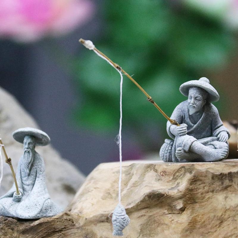 1 Stück Aquarium Mini Fischer Statue Asiatisch Zen Heimdekoration Aquarium Garten Sitzen Angeln Sandstein Vintage Ornament
