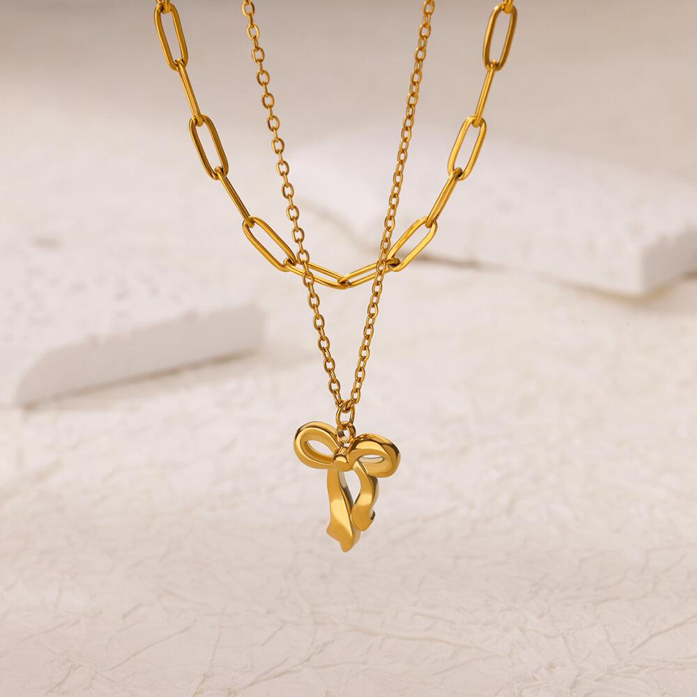 Stainless Steel Bowknot Pendant Necklace For Women Fashion Gold Color Clavicle Chain Bow Tie Necklaces Party Birthday Jewelry