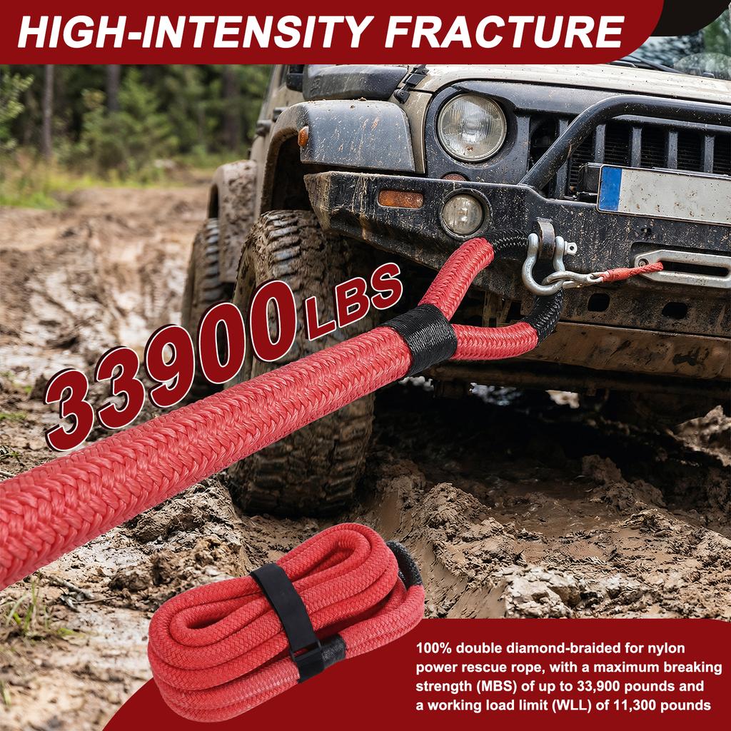 Kinetic Recovery Rope Kit with Soft Shackle Vehicle Recovery Kit 33900lbs Breaking Strength for UTV/ATV/Truck/Car/Jeep/Tractor