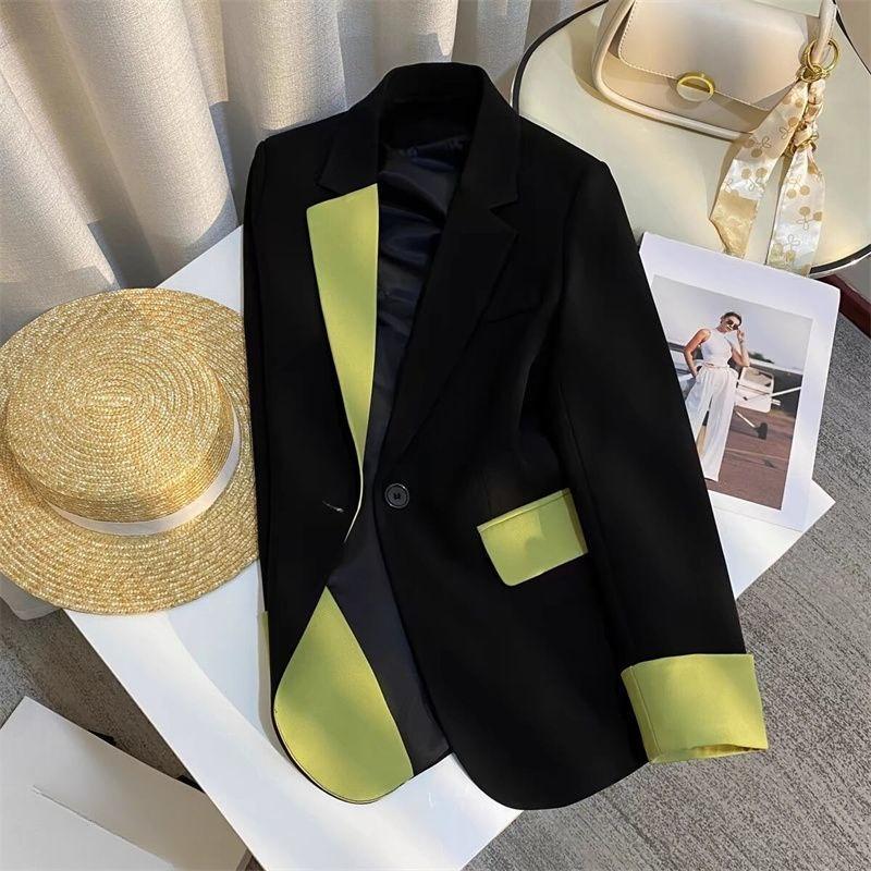 Trendy Slim Fit Black Blazer Spring Autumn Casual Chinese Style Contrast Suit Jacket