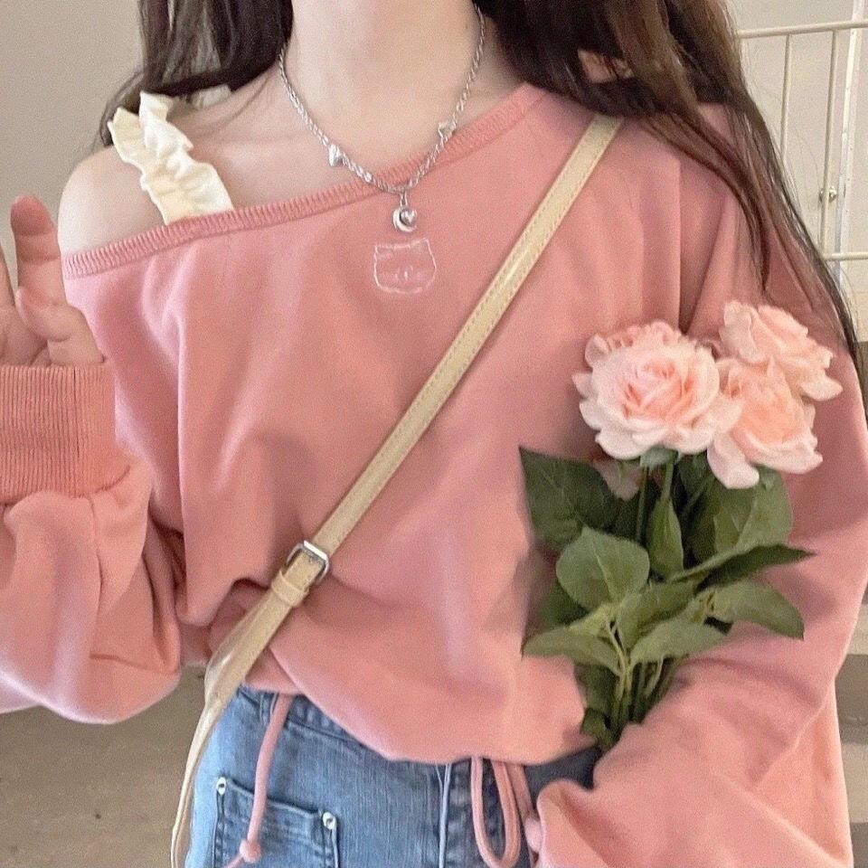 Süße Rosa Cropped Hoodies Y2k Kleidung Damen Katzenstickerei Schulterfrei Locker Kordelzug Rundhals Sweatshirt