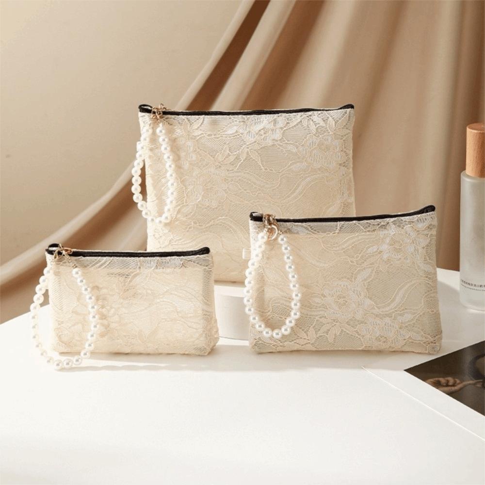 New Portable Lace Cosmetic Pouch Multifunctional with Imitation Pearl Chain Makeup Bag Wallet Travel Organizer