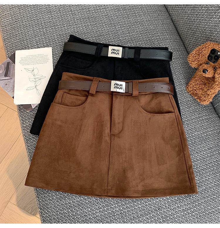 Melanoid Brown High-Waisted A-line Suede Mini Skirt - Women s Petite Autumn/Winter Hip-Hugging Skirt (Coffee Color). L