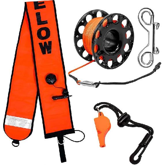 5ft Scuba Diving Surface Marker Buoy (SMB), Safety Sausage with Plastic 98ft Finger Spool Reel and Double Ended Hook Clip + Emergency Whistle for