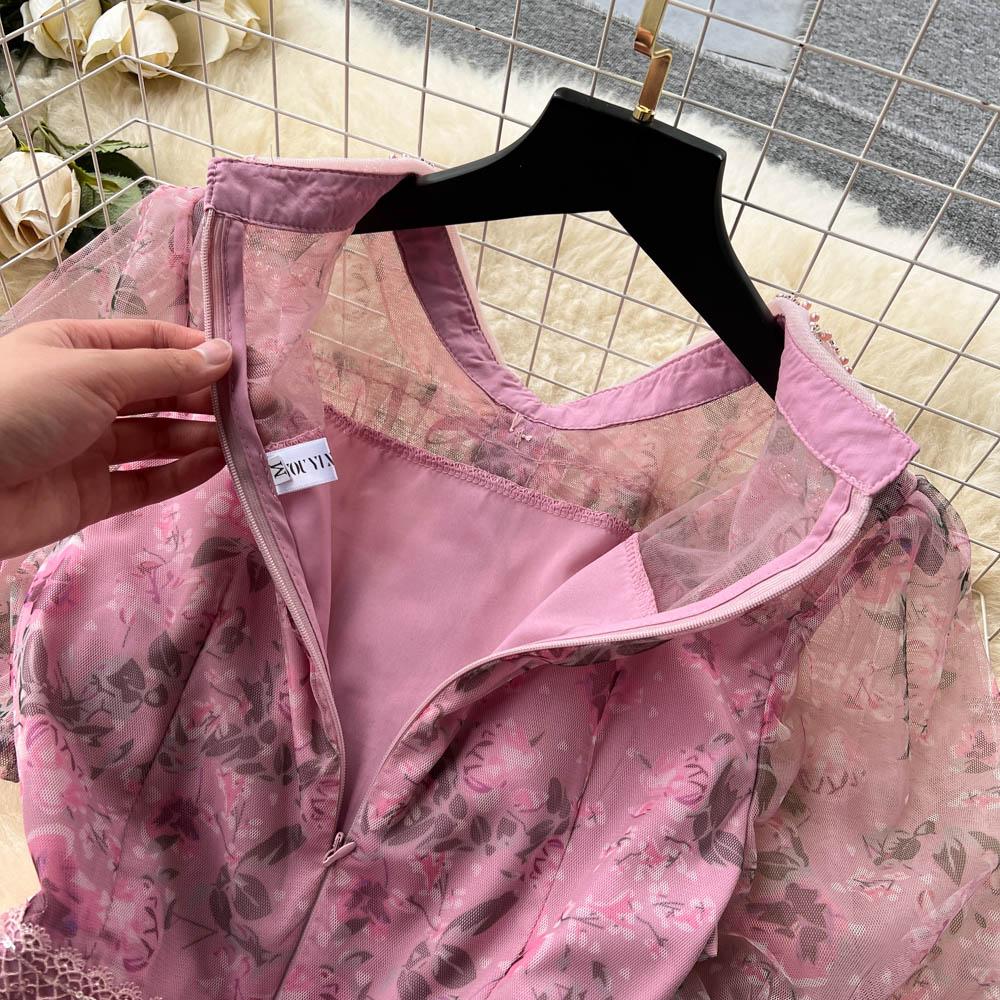 Été doux filles perles perles broderie robe de fleur femmes manches bouffantes impression maille dentelle couche gâteau en cascade robe de bal robes de soirée