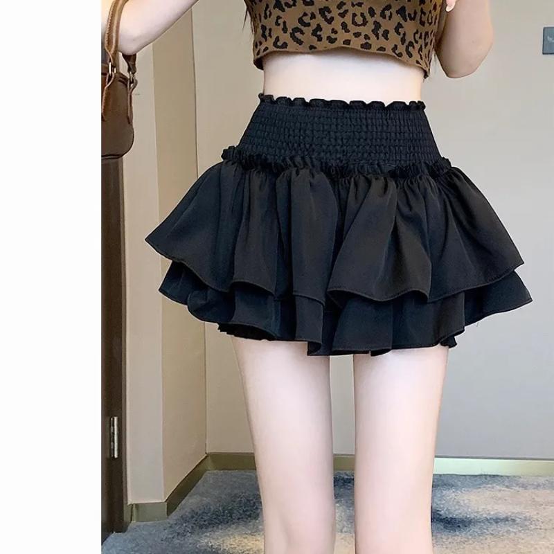 Women's Summer White Ruffled Layered Mini Skirt High Waist Shirred Skirt