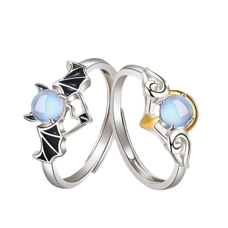 Luxury Crystal Angel Demon Couple Rings for Women Men Romantic Fashion Wings Design Adjustable Engagement Ring Wedding Jewelry