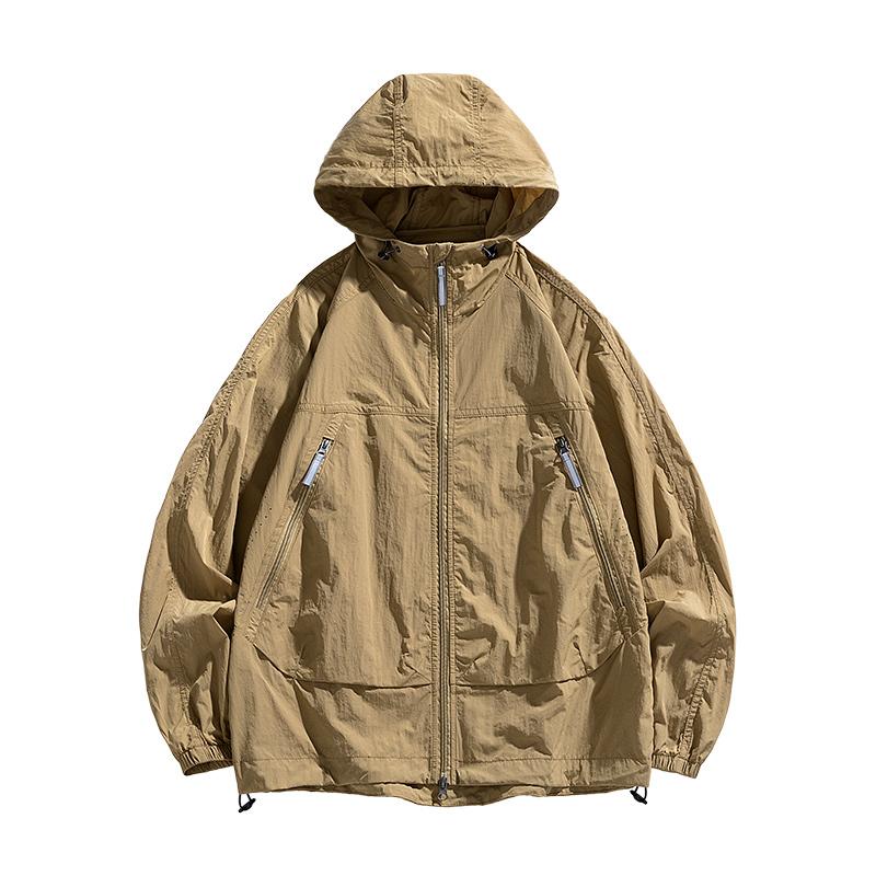Men's Hooded Windbreaker Sunscreen Jacket - Ultra Light Summer Zipper Pocket Elastic Cuffs Suitable for Outdoor Hiking