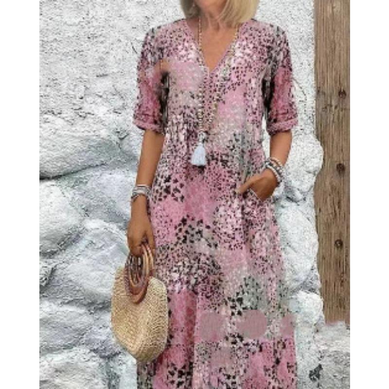 Women's Fashion Printed Lace Encrusted V-Neck Short Sleeve Dresses