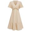 A-Line High Waist Above Knee Solid Color V-Neck Short Sleeve Women Casual Dress Spring Summer Lotus Leaf Design S-XL