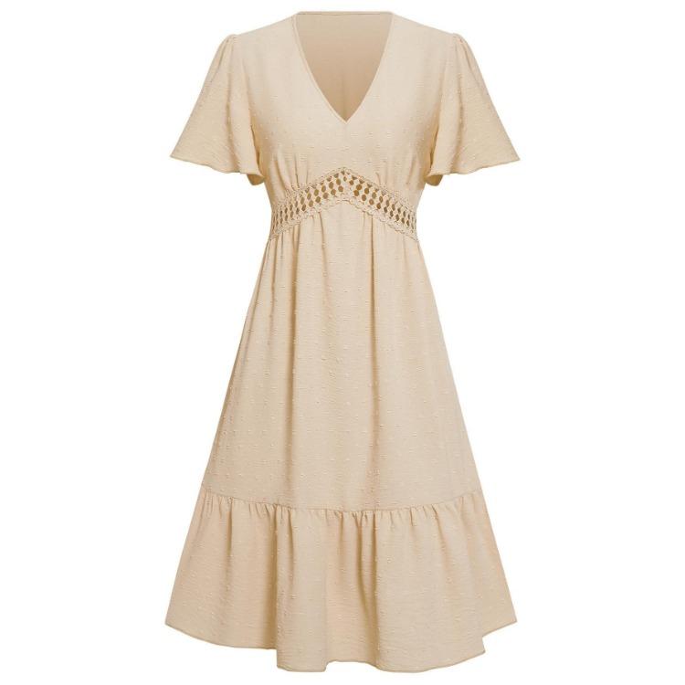 A-Line High Waist Above Knee Solid Color V-Neck Short Sleeve Women Casual Dress Spring Summer Lotus Leaf Design S-XL