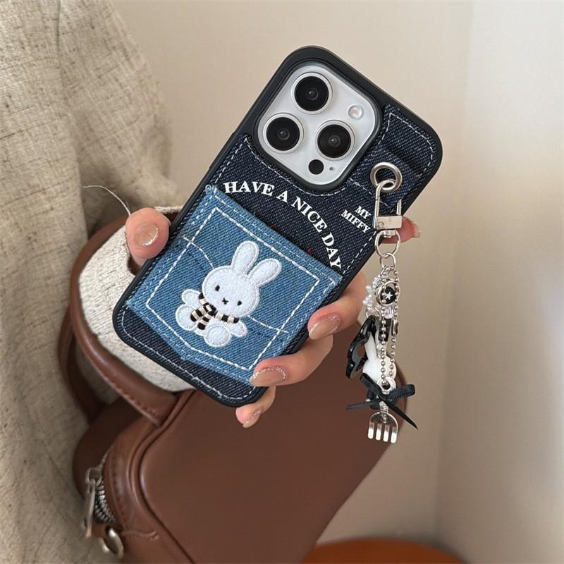 Denim Pocket Card Holder Case With Embroidered Rabbit IPhone 14 Pro Max 15 16 Soft TPU Shockproof Cover