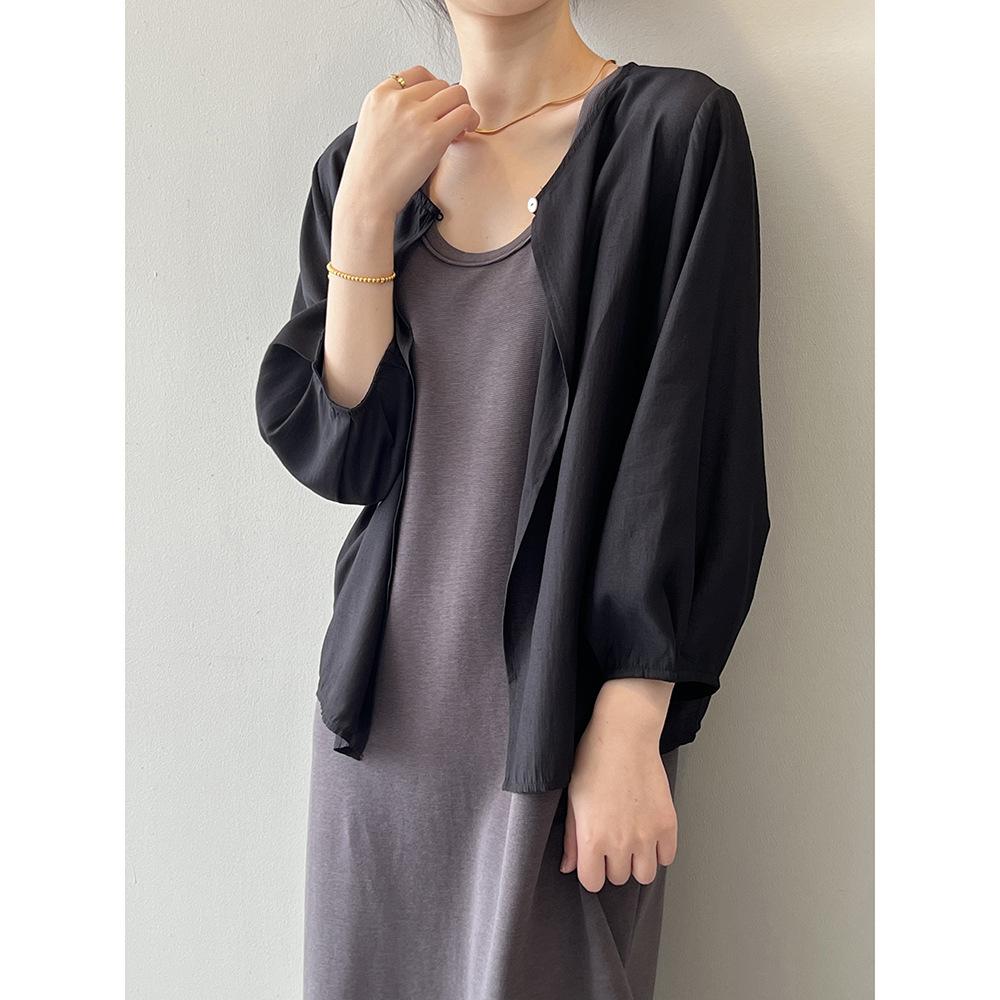 

Рубашка от солнца на одной пуговице с круглым вырезом, женский весенне-летний свободный кардиган, кардиган с рукавами семь десятых L чёрный