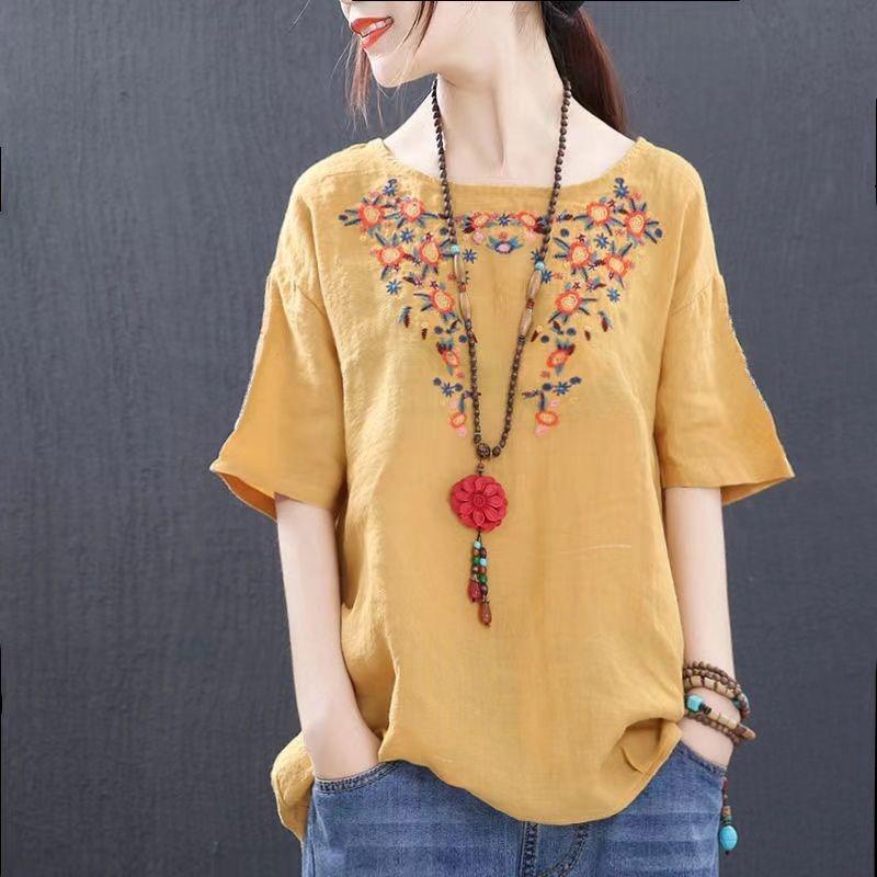 Embroidered Linen Short Sleeved T-shirt for Women In Summer Loose Oversized Retro Original Round Neck Pure Cotton Top for Women Shirts