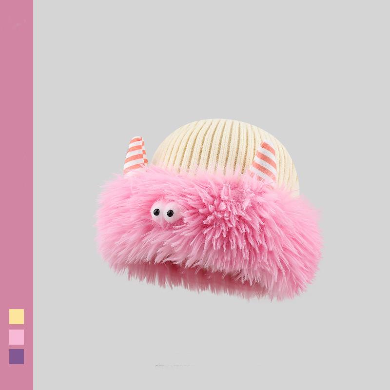 Cute and funny plush knitted hat children keep warm in winter new little monster horn ear protector hat shows small face
