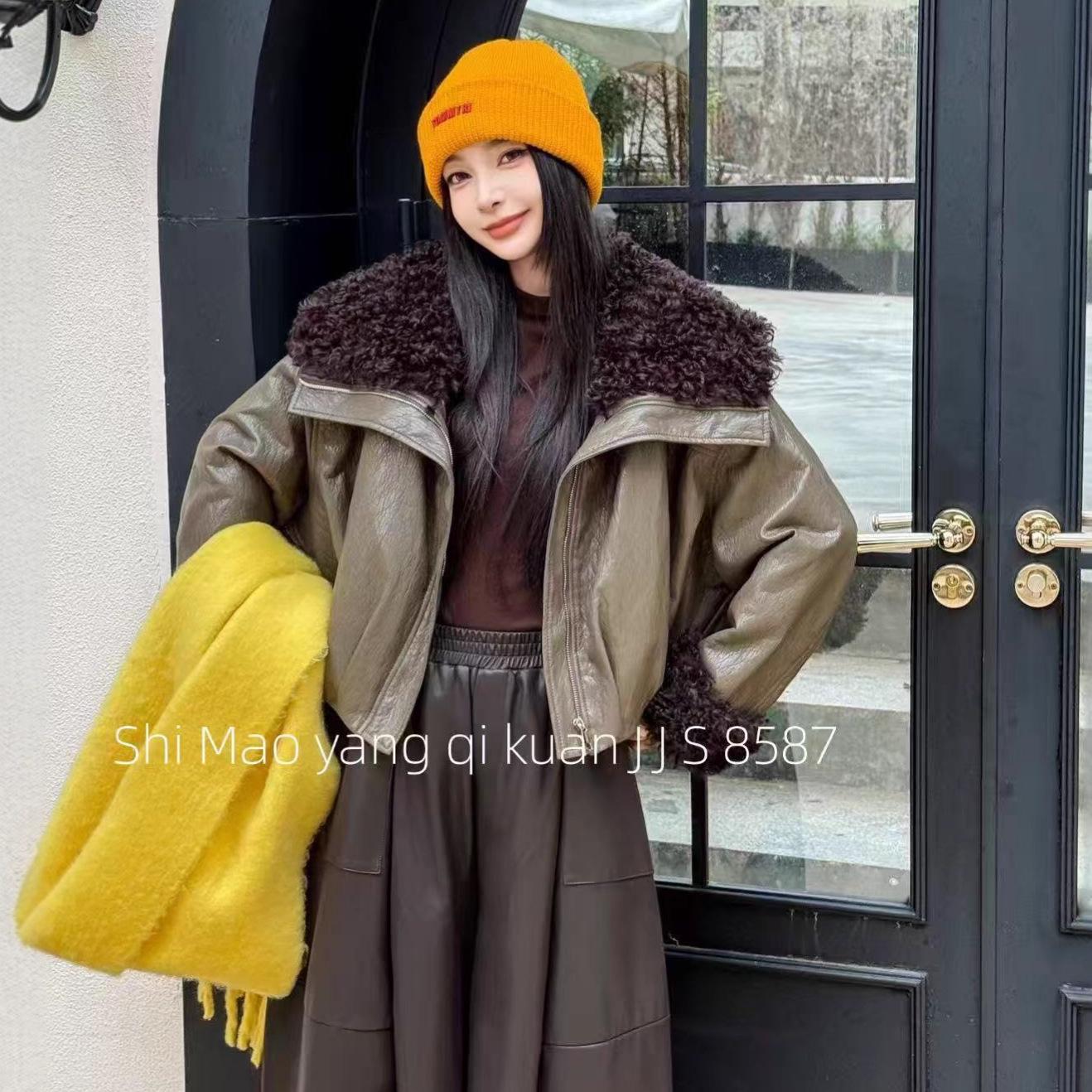 European Style Women s Petite Lamb Wool Short Parka Coat - 2025 Winter Arrival Large [118-145 lbs] оливковый