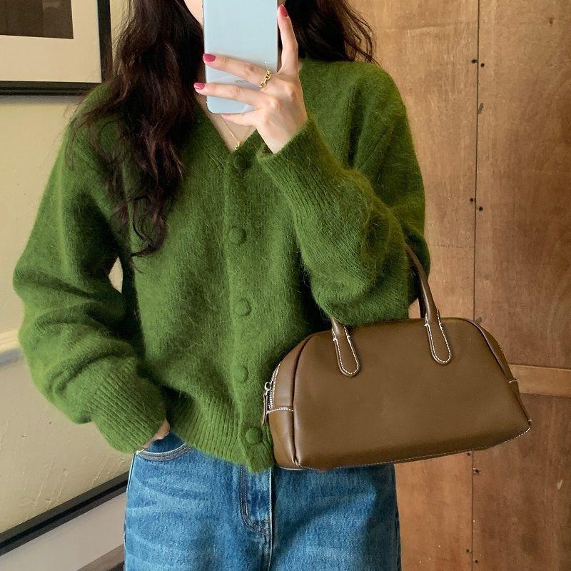 Autumn Winter Women's Knitted Cardigan Women V-Neck Short Solid Sweater Coat Korean Simple Casual Long Sleeve Tops