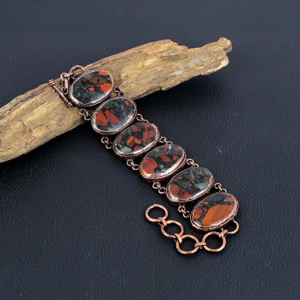 Bloodstone Bracelet Copper Electroformed Gemstone Jewelry, Handmade Bracelet For Thanksgiving