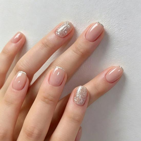 Nude Pink Silver Glitter French Manicure Short Square False Nails - Luxury Whitening Temperament Nail Tips