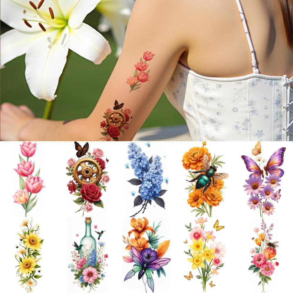 9Pcs Flower Temporary Tattoo Stickers For Women Body Art Fake Tattoo Sexy Rose Butterfly Peony Little Daisy Waterproof Tattoos