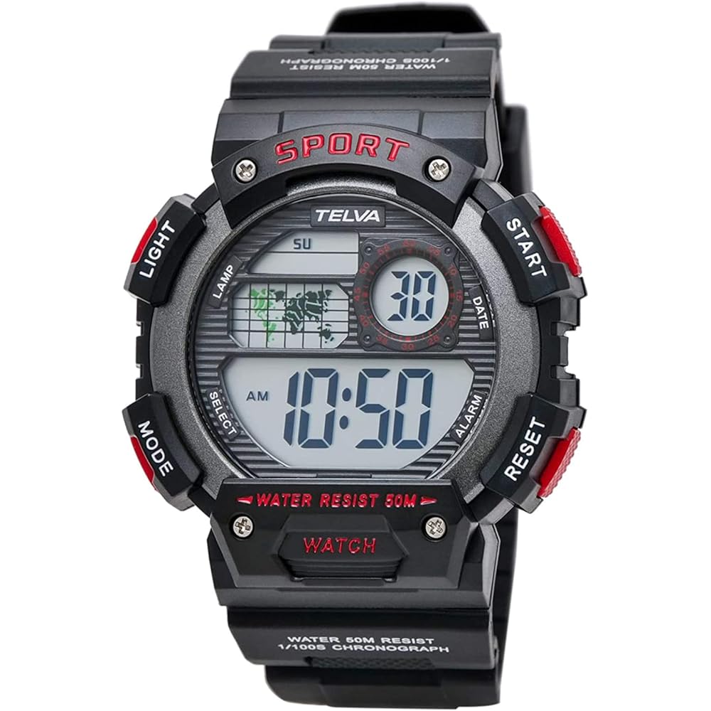 Crepha Telva Digital Multifunction Waterproof Watch 5ATM Stopwatch Red Men s Sports with Urethane Strap