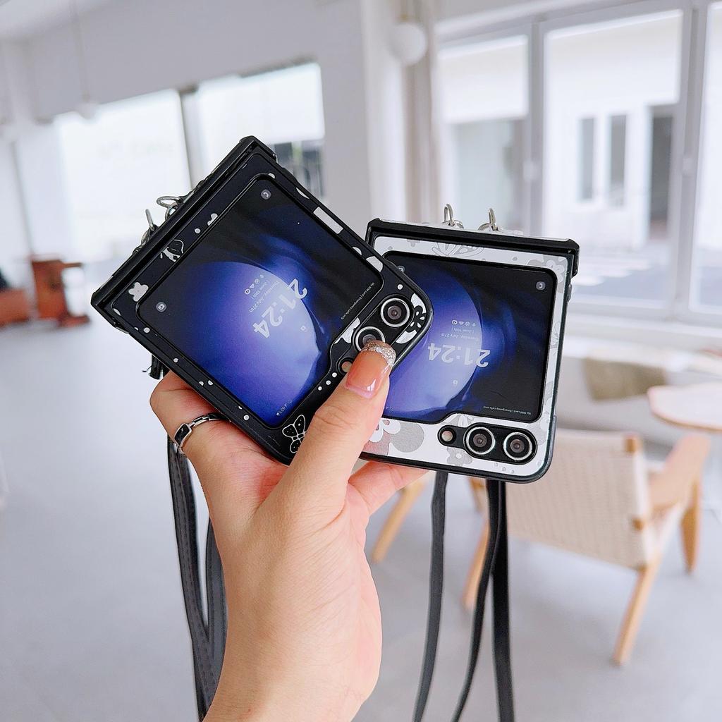 For Samsung Galaxy Z Flip7 FE 5G/Z Flip6 5G Butterfly and Flower Pattern PU Leather Coated PC Phone Cover with Crossbody Strap