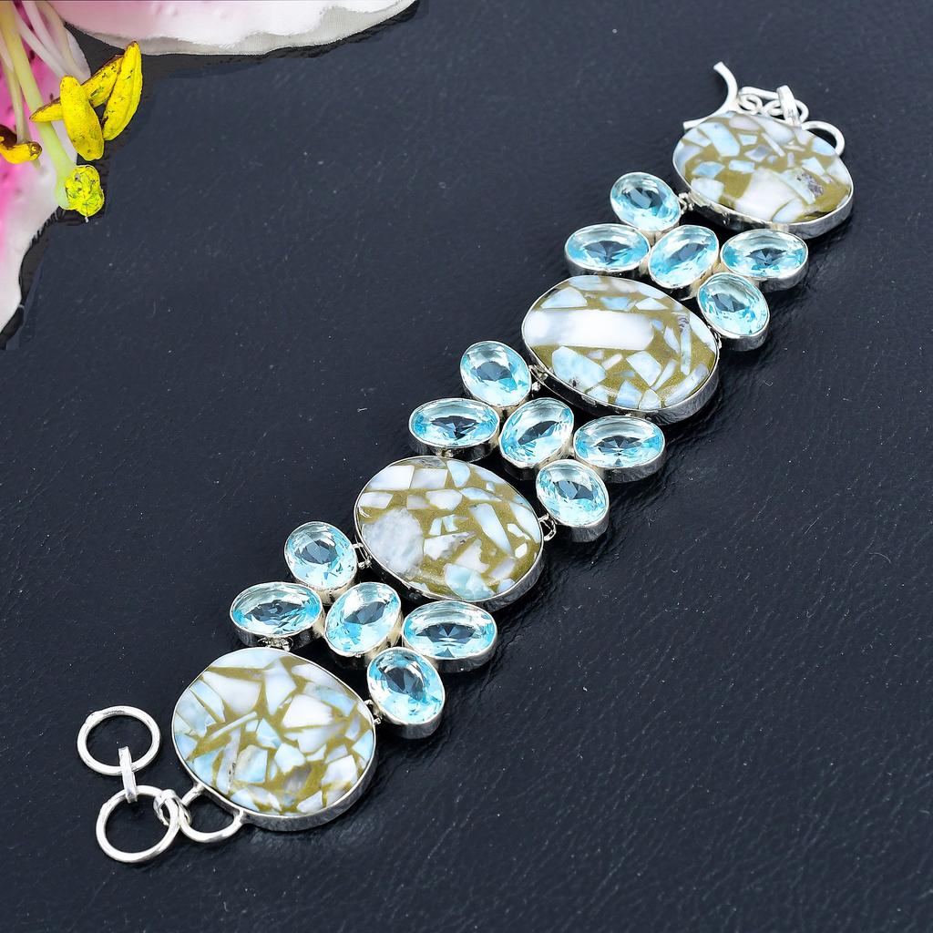 Copper Larimar, Blue Topaz Gemstone 925 Sterling Silver Bracelet 7-8" KG-1827