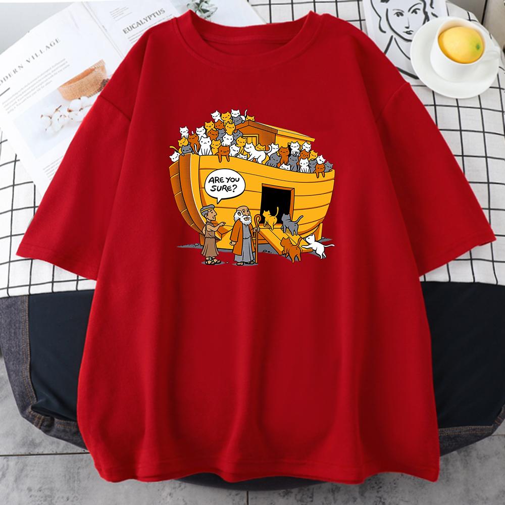 Cartoons Style Noah's Ark Cat Print Womens Tshirts Simple Oversize T-Shirts Fashion Loose Tops Soft Breathable T-Shirt for Women
