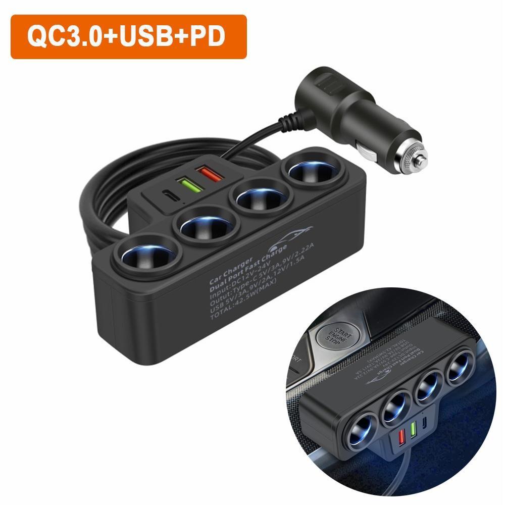 

Разветвитель автомобильного зарядного устройства 7-в-1 с 4 розетками и портами USB/PD, адаптер быстрой зарядки 12–24 В с предохранителем и длинным кабелем