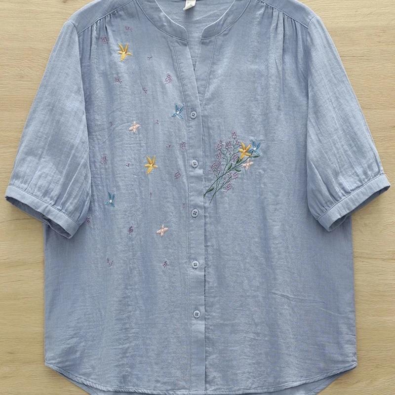 

Womens Floral Embroidered V-Neck Half Button Short Sleeve Blouse XXL